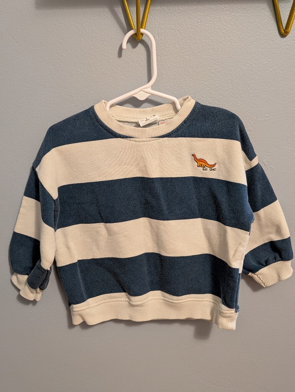 Zara Navy and Cream Striped Crewneck Sweatshirt with Dino Detail